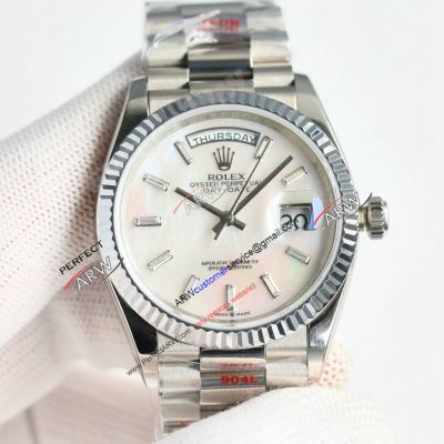 Swiss Clone Rolex Day Date 36 White MOP Baguette Diamond Bezel President Watch